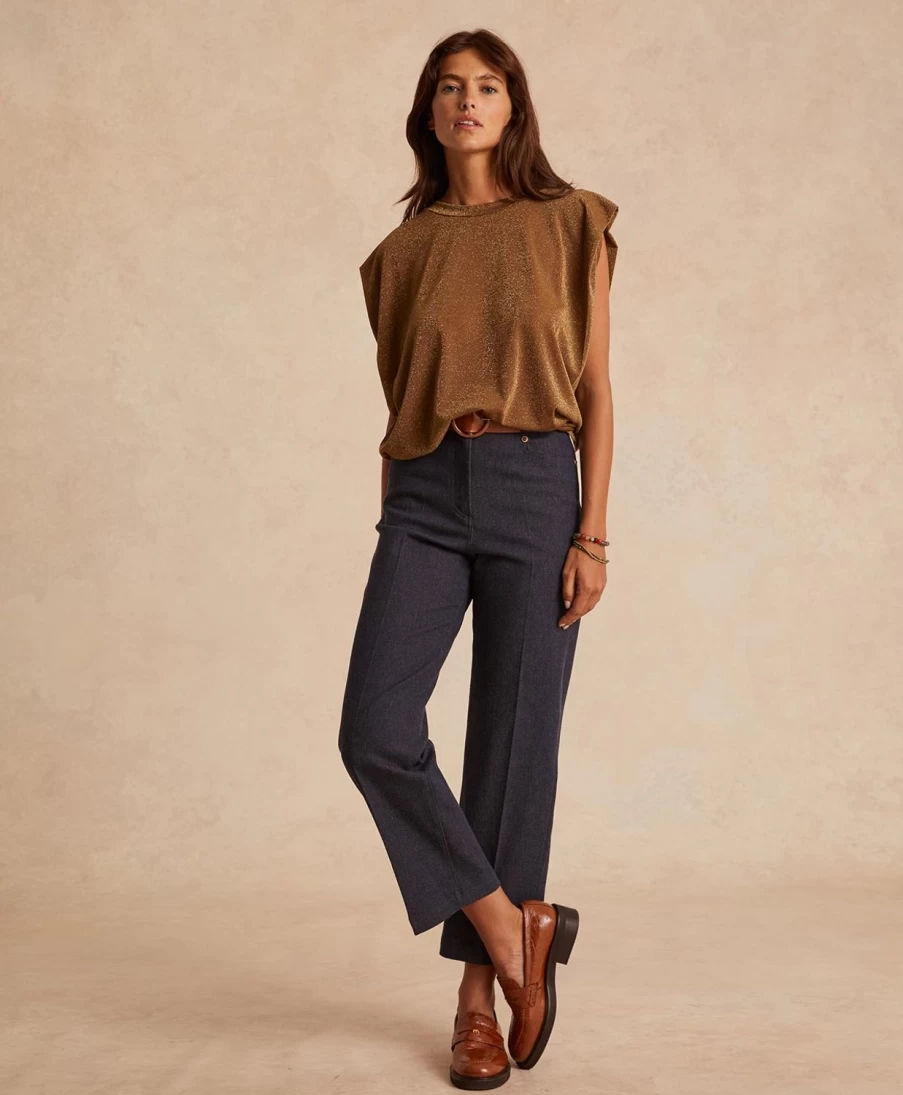 Momoni Women's Enna Lurex Jersey Top in Cigar Brown - Elegant Glamorous Blouse