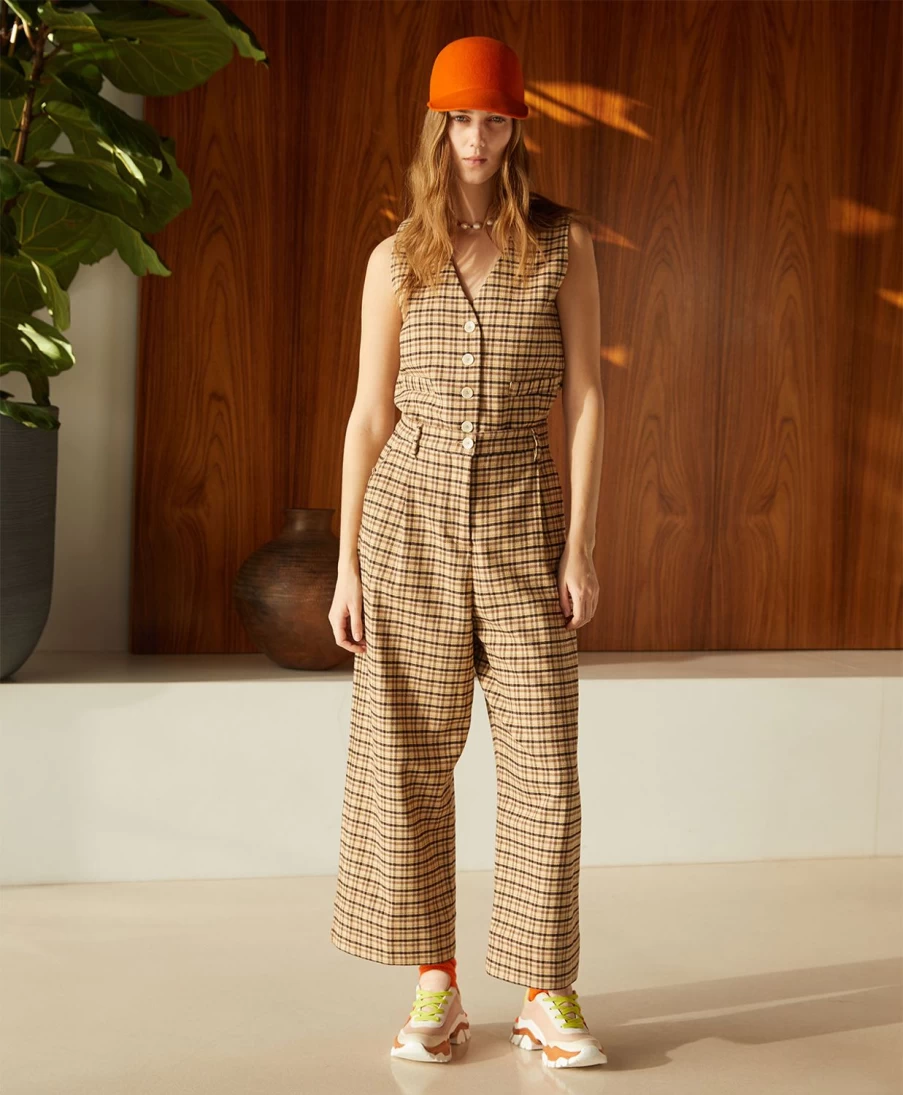 Momoni Women's Grecale Check Wool Gabardine Pants in Beige, Brown & Yellow