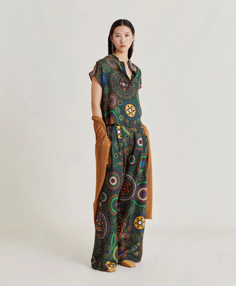 Momoni Women's Paso Blouse - Dark Green Multicolour Haboutai Silk Top