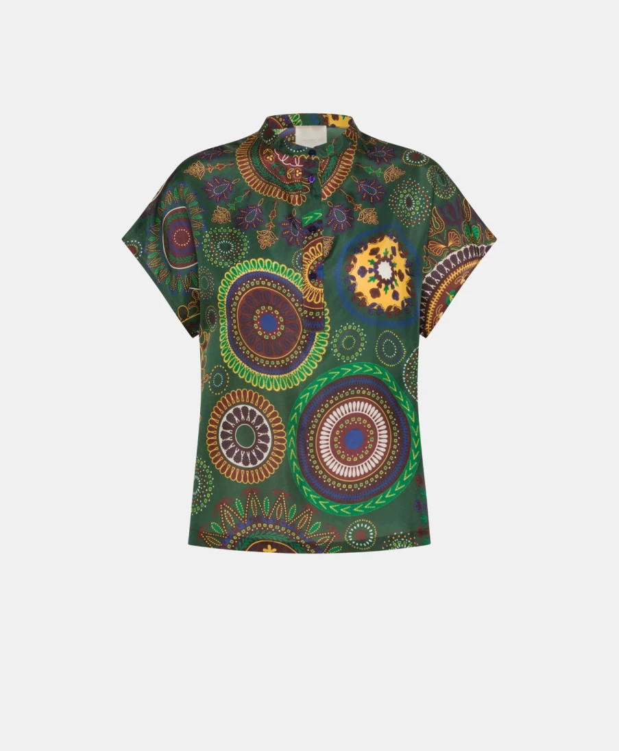 Momoni Women's Paso Blouse - Dark Green Multicolour Haboutai Silk Top