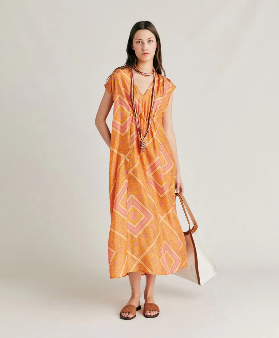 Momoni Women's Scilla Dress - Orange & Fuchsia Floral Haboutai Silk Maxi Dress