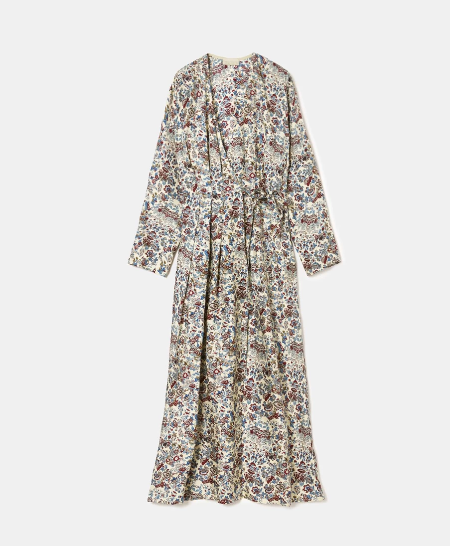 Momoni Women's Abies Printed Silk Twill Dress - Cream & Burgundy Floral Pattern