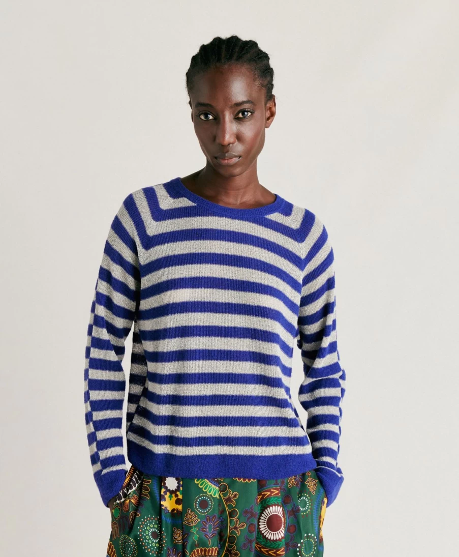 Momoni Women's Blue Striped Lurex Ribbed Knitwear Sweater