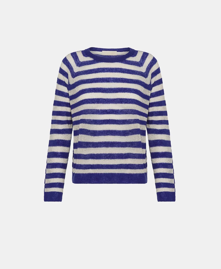 Momoni Women's Blue Striped Lurex Ribbed Knitwear Sweater