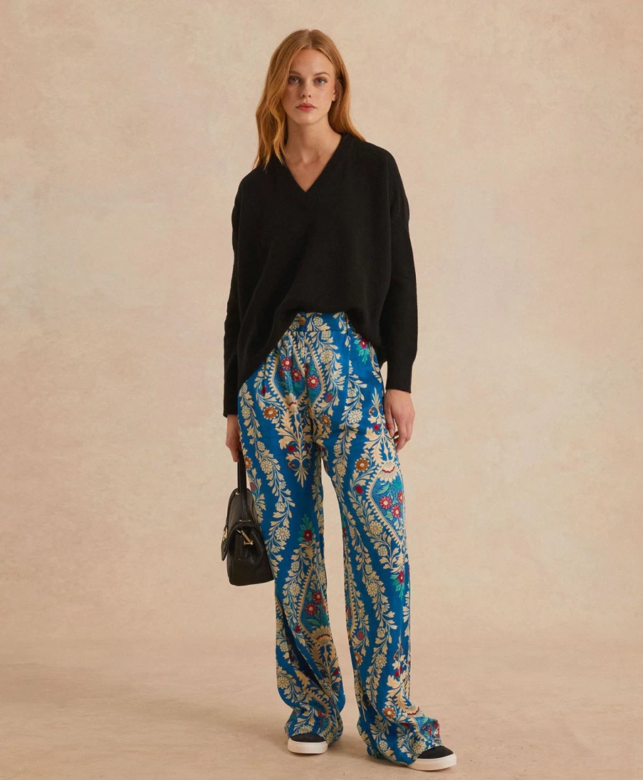 Momoni Women's Austin Printed Viscose Twill Pants - Multicolor Blue Casual Trousers