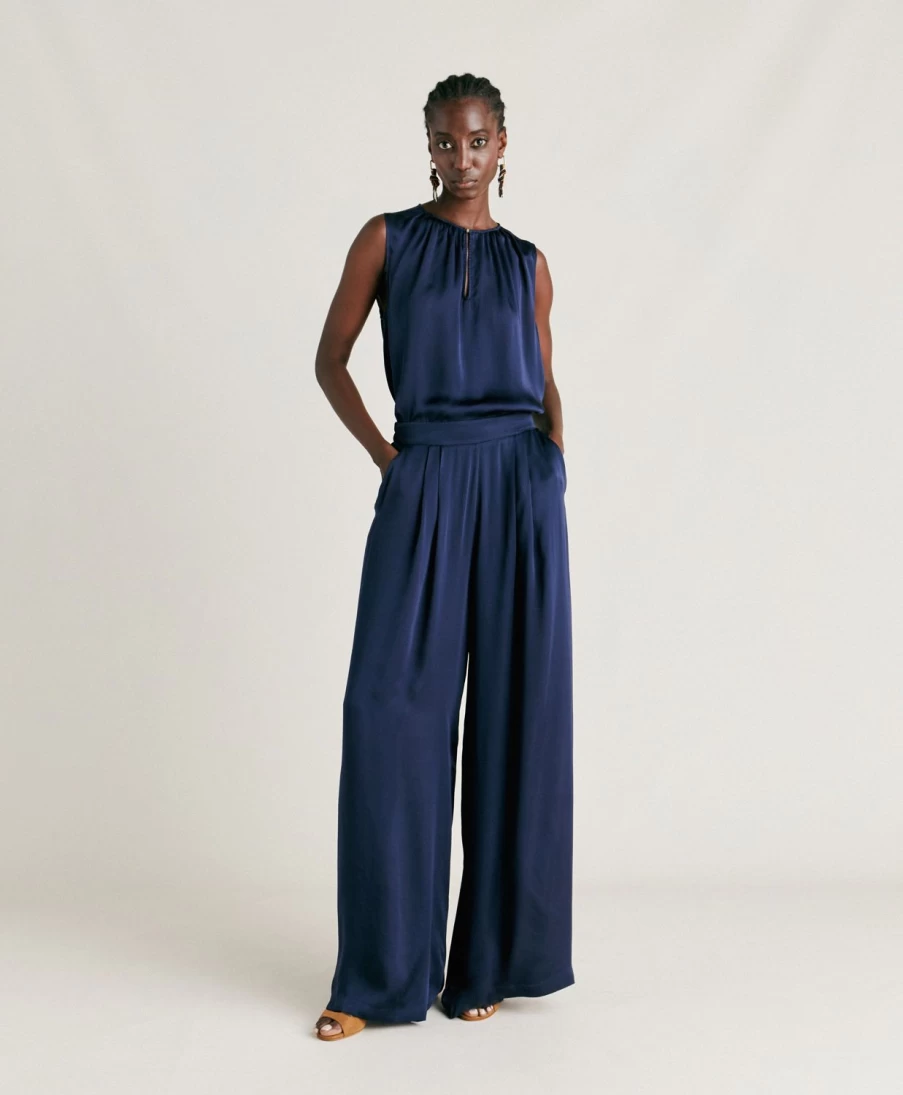 Momoni Women's Dark Blue Plain Silk Patrice Bis Pant - Elegant High-Waisted Trousers