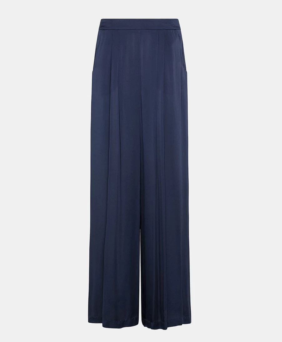 Momoni Women's Dark Blue Plain Silk Patrice Bis Pant - Elegant High-Waisted Trousers