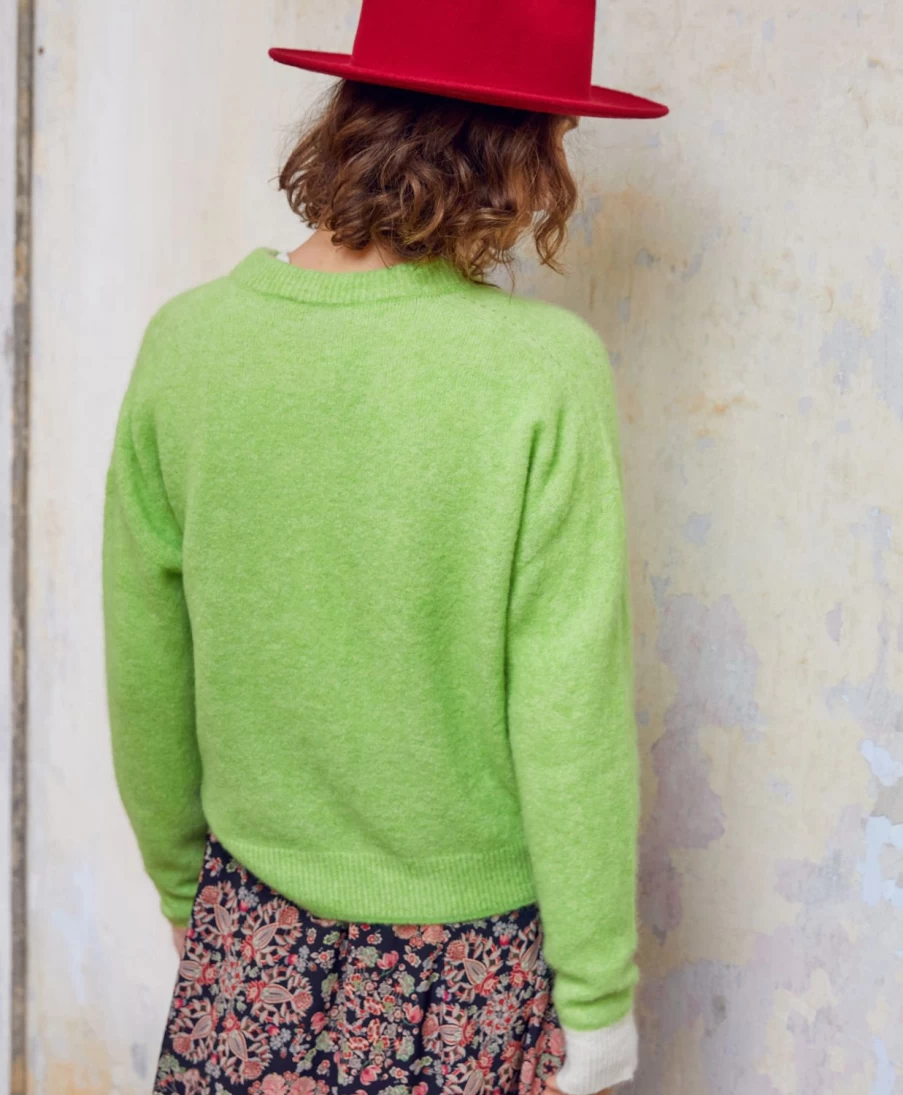 Momoni Women's Colour Block Knitwear in Baby Alpaca - Acid Green Abete Sweater