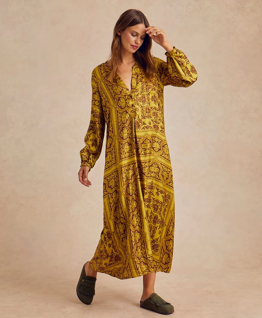 Momoni Women's Lime & Brown Printed Silk Twill Amede Dress