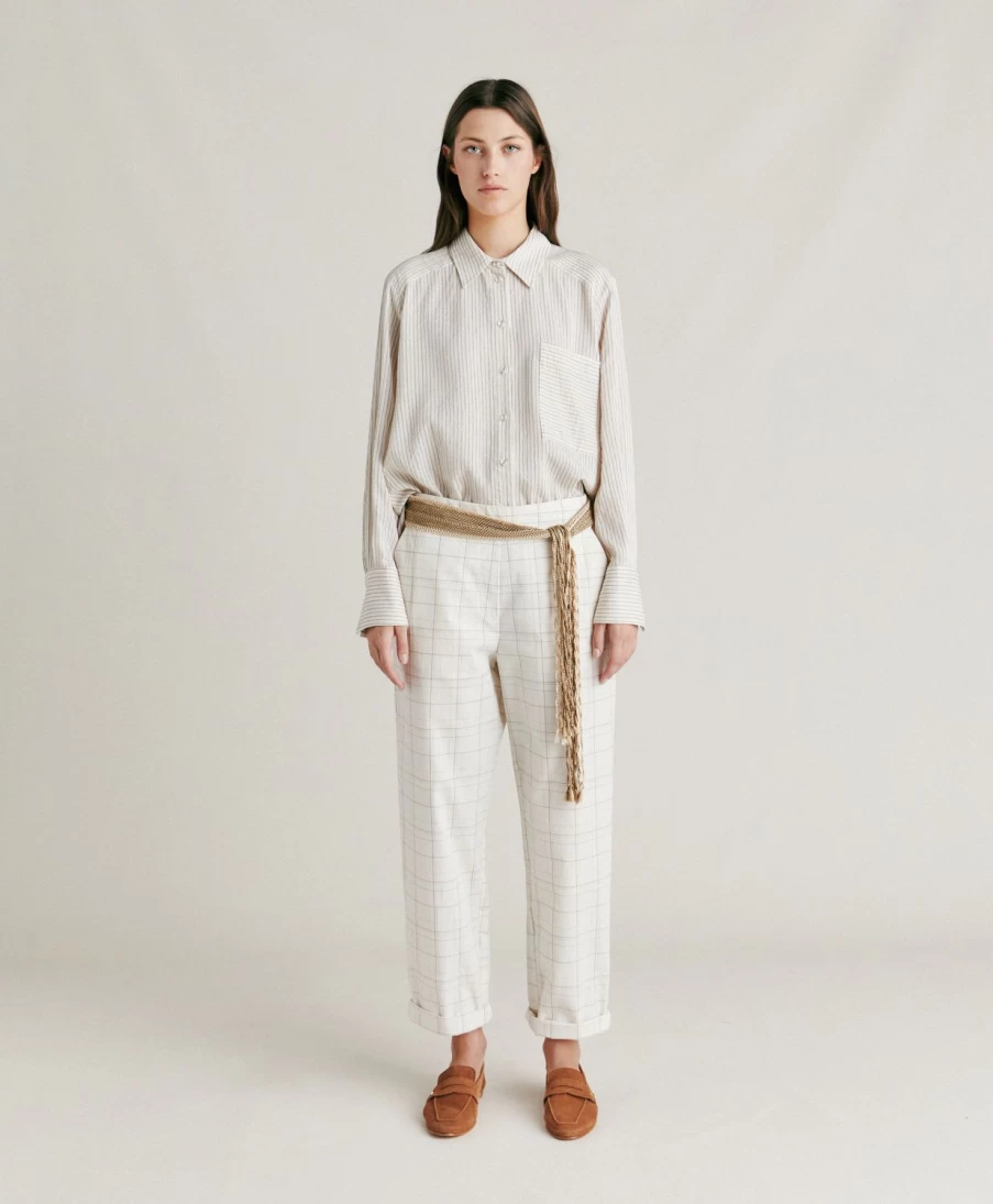 Momoni Women's Idaho Check Seersucker Pants in Cream & Mud - Casual Summer Trousers