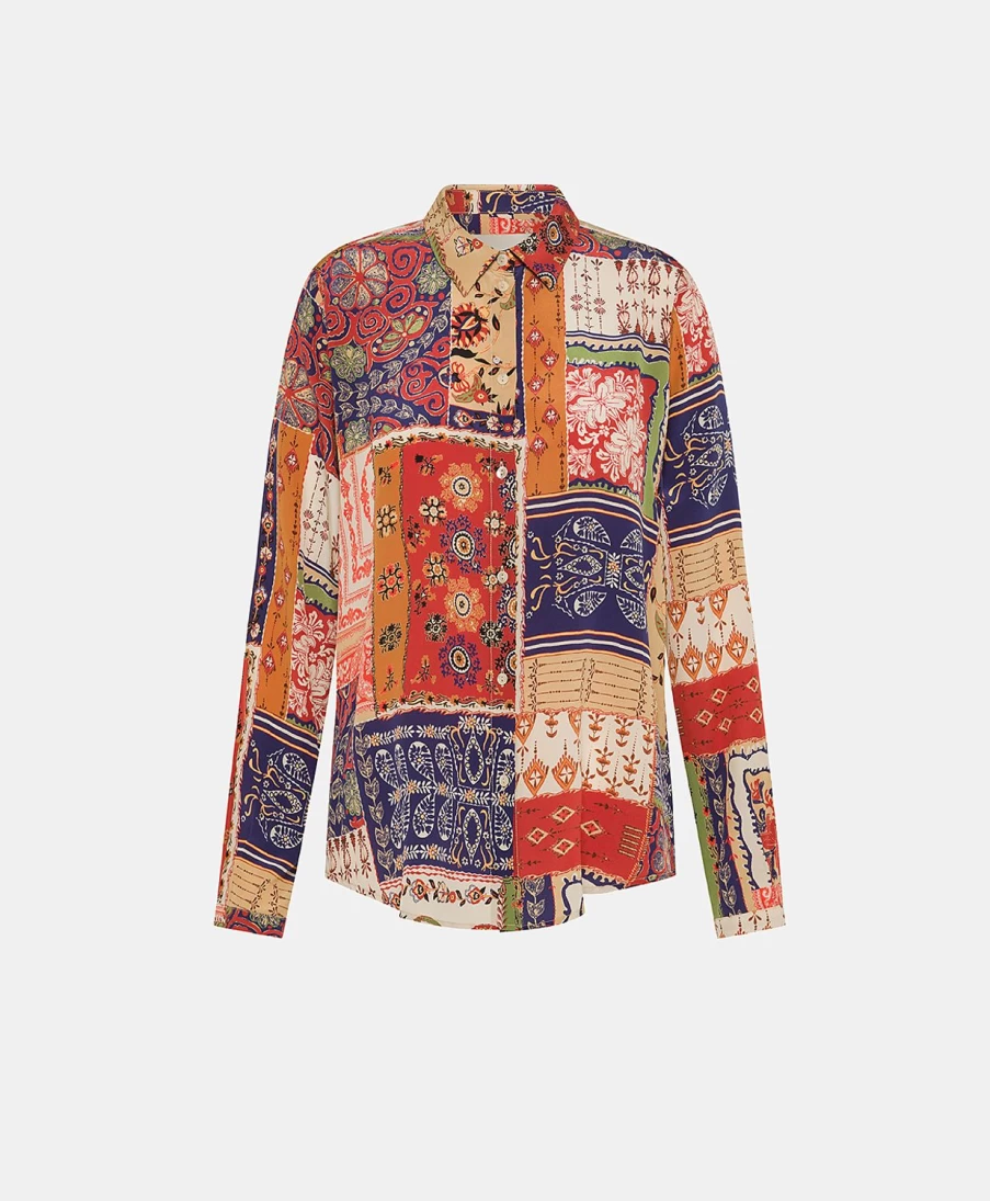 Momoni Women's Meudon Printed Crepe De Chine Shirt - Multicolor Blue Floral Blouse
