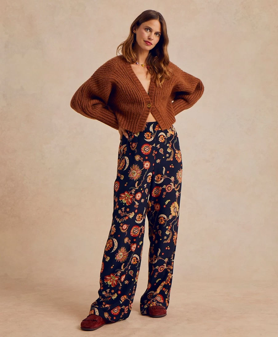Momoni Women's Baccarat Printed Crepe de Chine Pants - Multicolor Black Floral Design