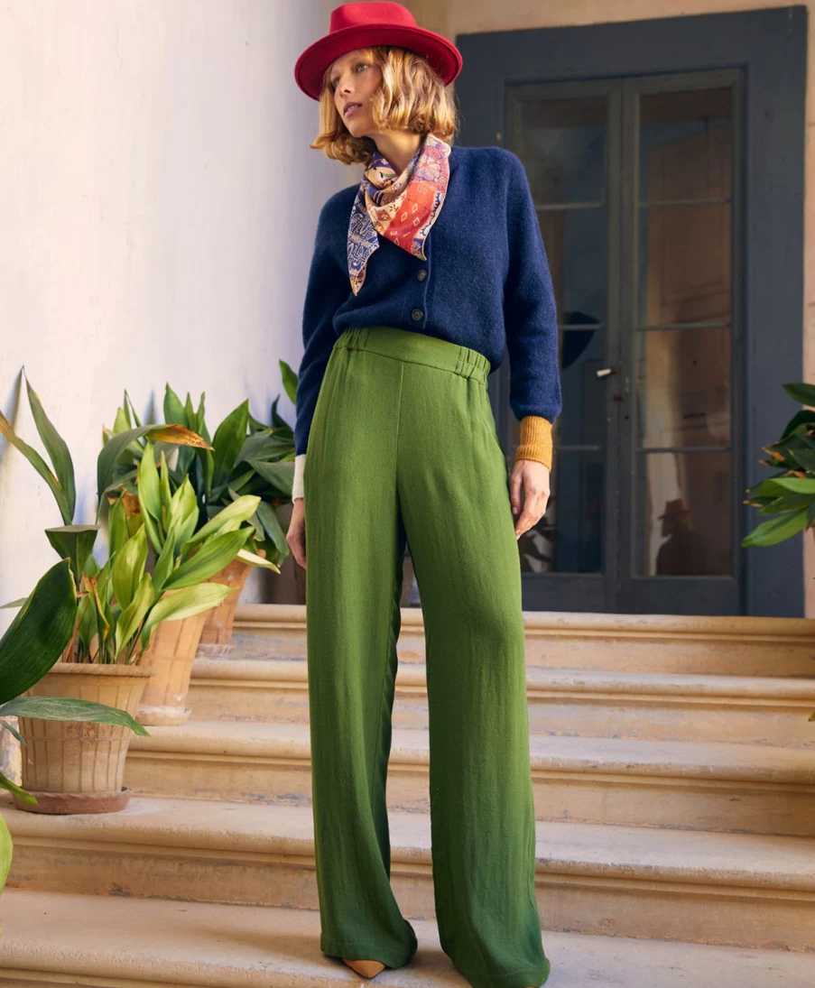 Momoni Women's Baccarat Pant - Double Wool Viscose Gauze, Grass Green, High-Waisted Trousers for Elegant Comfort