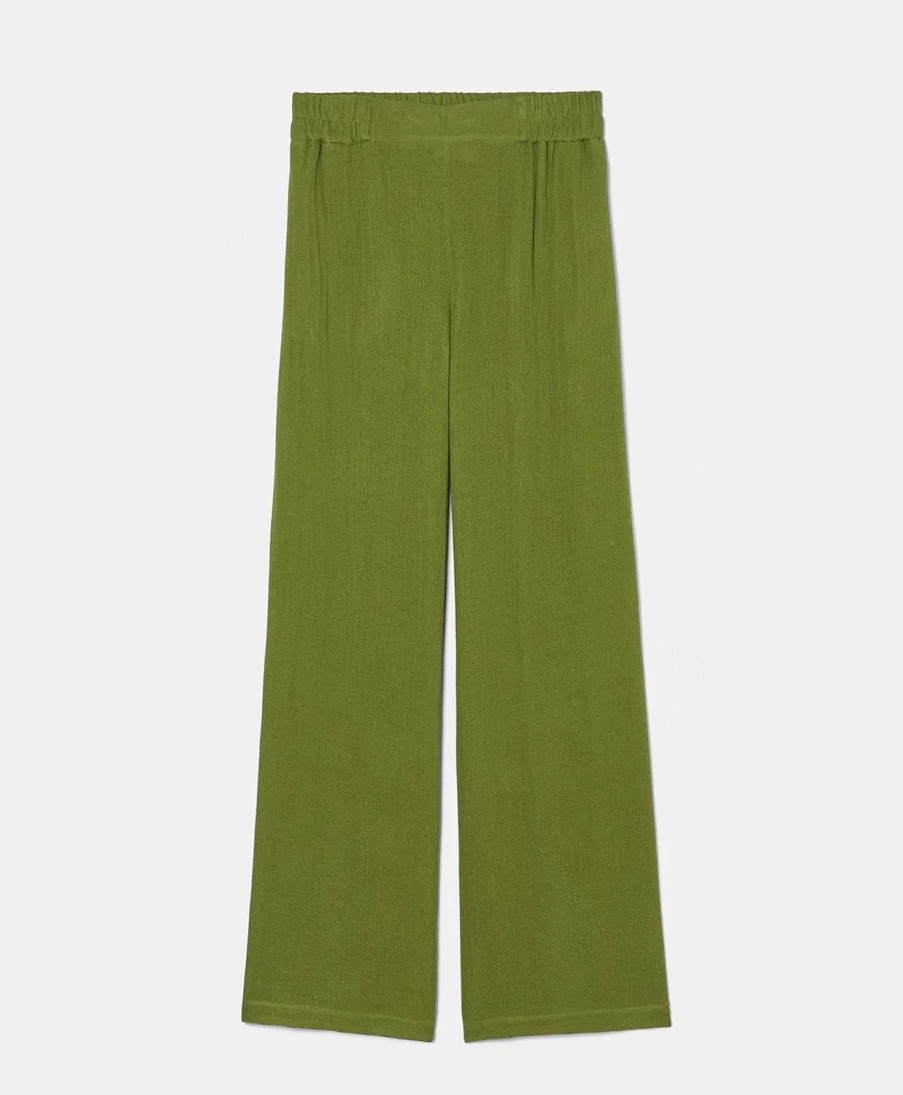 Momoni Women's Baccarat Pant - Double Wool Viscose Gauze, Grass Green, High-Waisted Trousers for Elegant Comfort