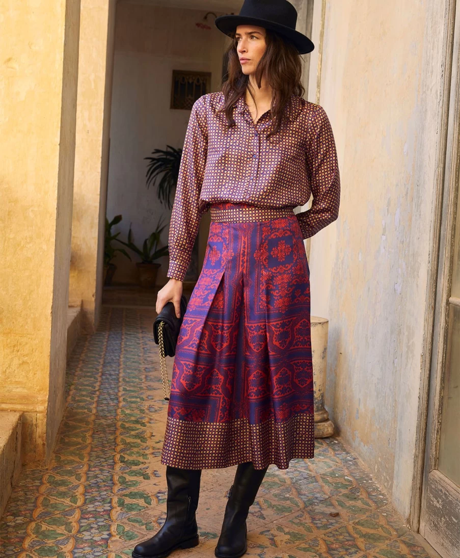 Momoni Women's Celestin Skirt - Bi-Printed Silk Twill in Indigo & Coral