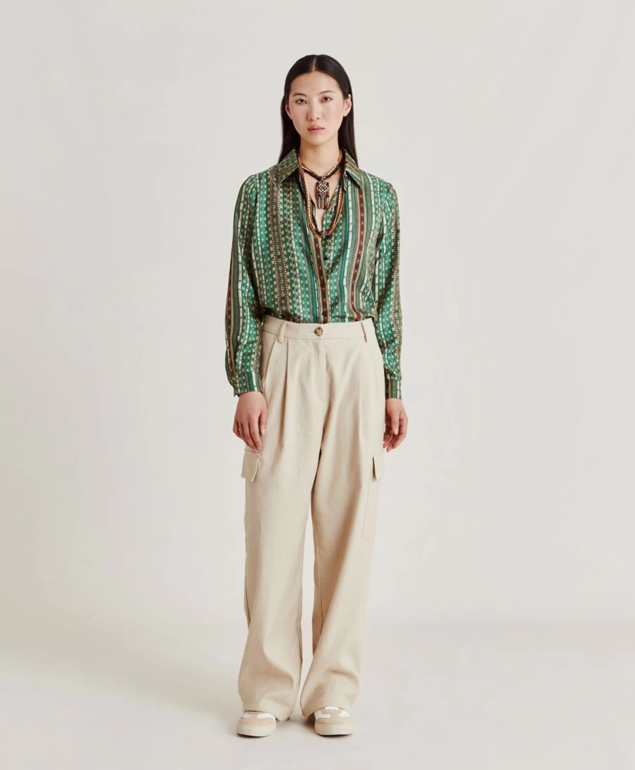 Momoni Women's Arles Silk Twill Shirt - Green & Multicolor Striped Casual Blouse