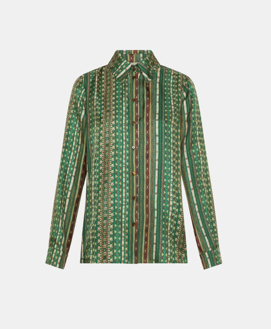 Momoni Women's Arles Silk Twill Shirt - Green & Multicolor Striped Casual Blouse