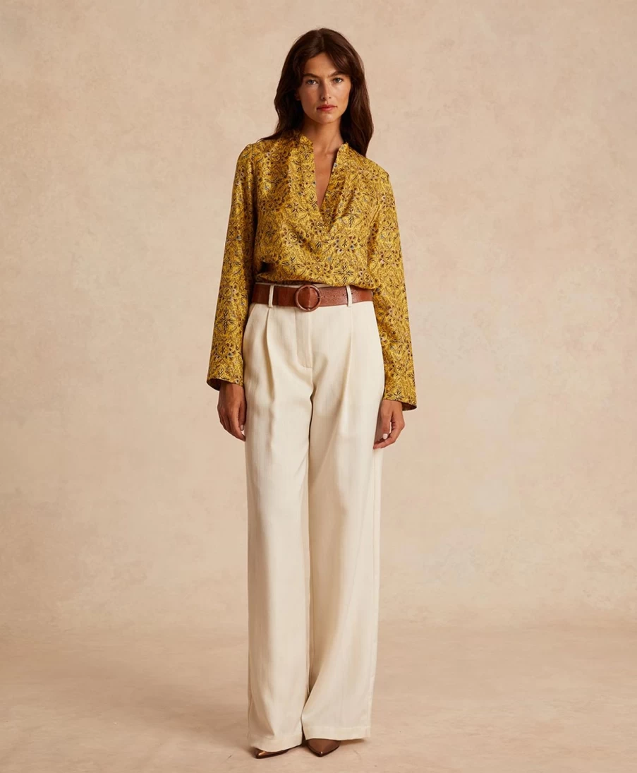 Momoni Women's Atlanta Blouse - Printed Silk Twill in Yellow & Tobacco