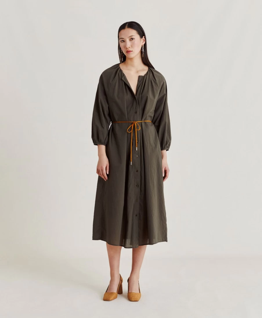 Momoni Women's Army Green Cotton Voile Caldes Dress - Elegant & Comfortable