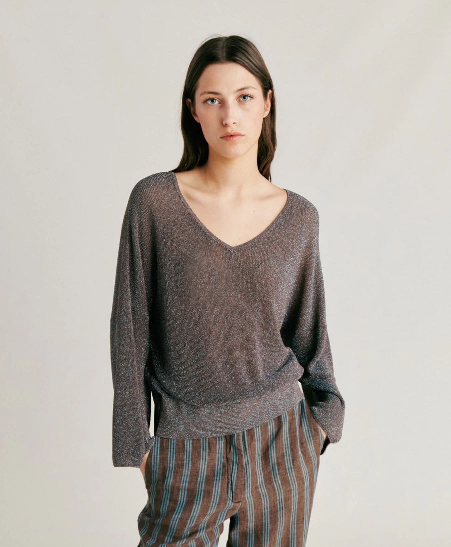 Momoni Women's Fresno Cardigan - Lurex Ribbed Knit Sweater in Bark Brown