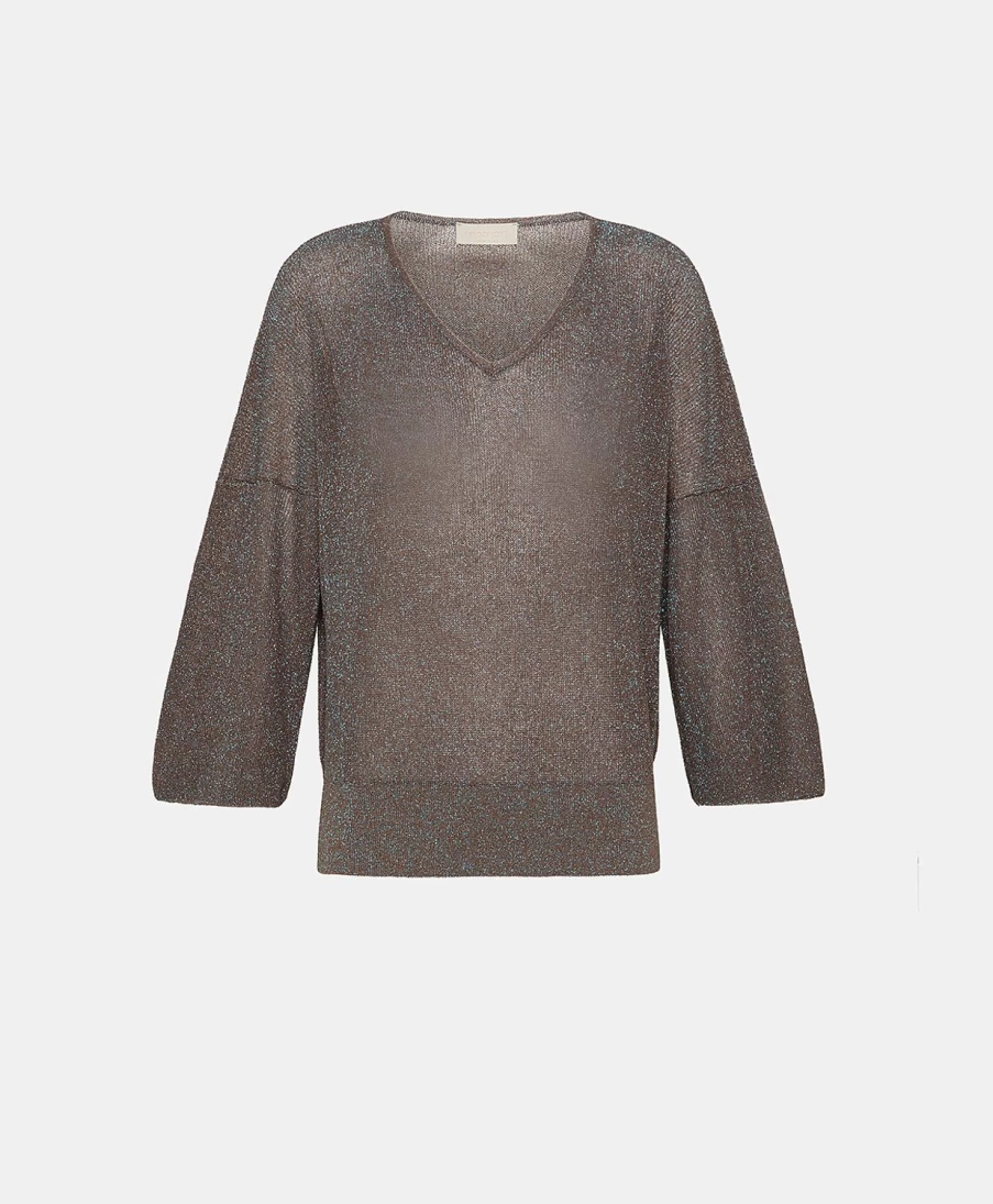 Momoni Women's Fresno Cardigan - Lurex Ribbed Knit Sweater in Bark Brown