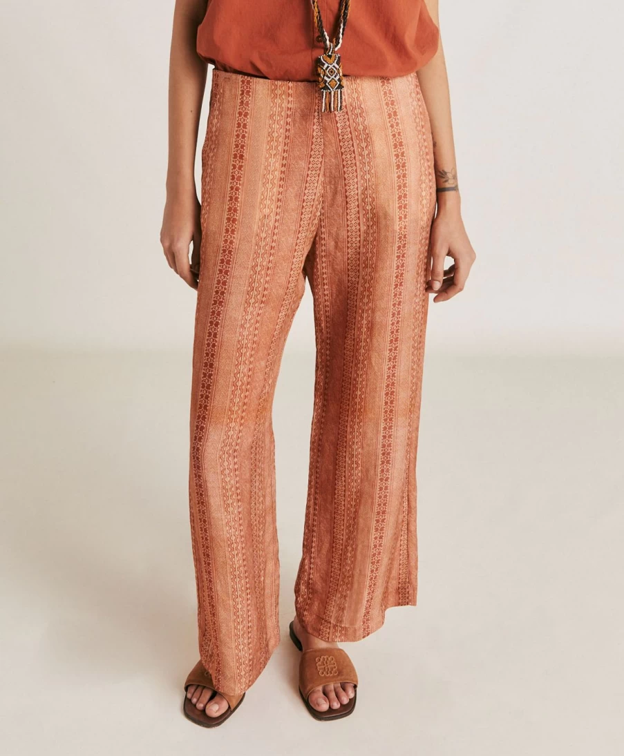 Momoni Women's Ginepro High-Waisted Viscose Linen Pant in Cream Rust - Comfortable Summer Trousers