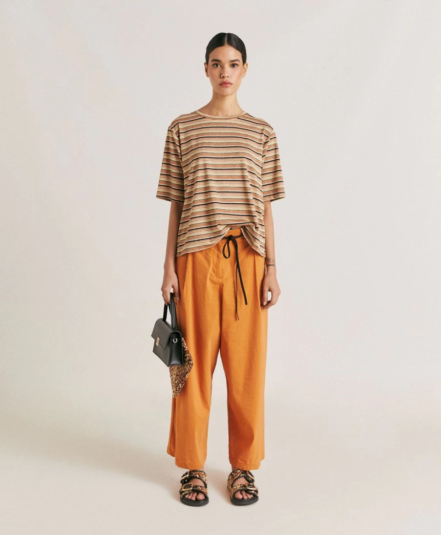 Momoni Women's Rust Multicolour Striped Lurex Jersey T-Shirt