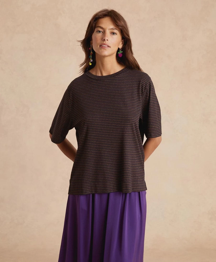 Momoni Women's Blue and Bronze Lurex Ribbed Striped Tshirt - Iora Style