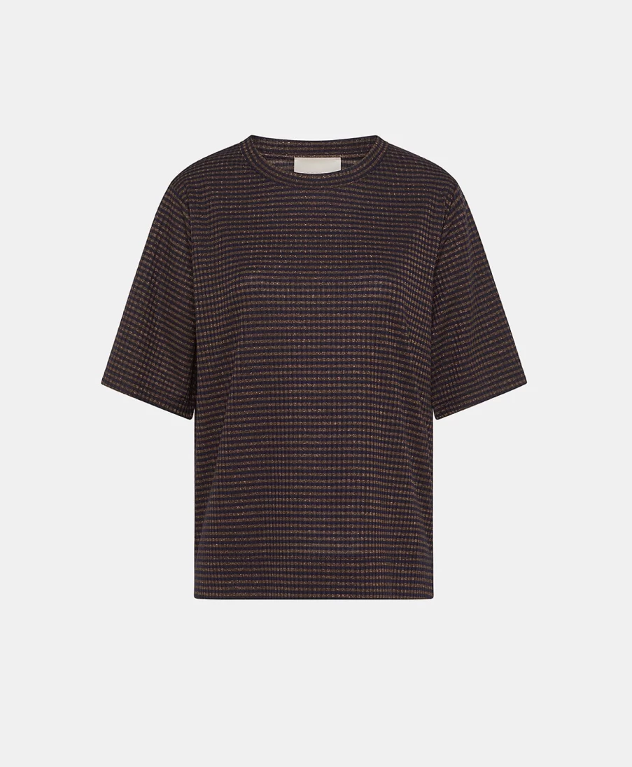Momoni Women's Blue and Bronze Lurex Ribbed Striped Tshirt - Iora Style