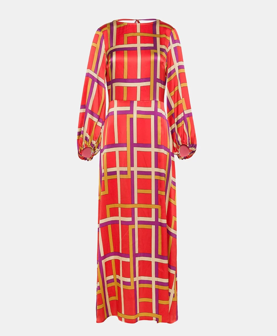 Momoni Women's Auguste Printed Stretch Satin Dress in Red and Purple