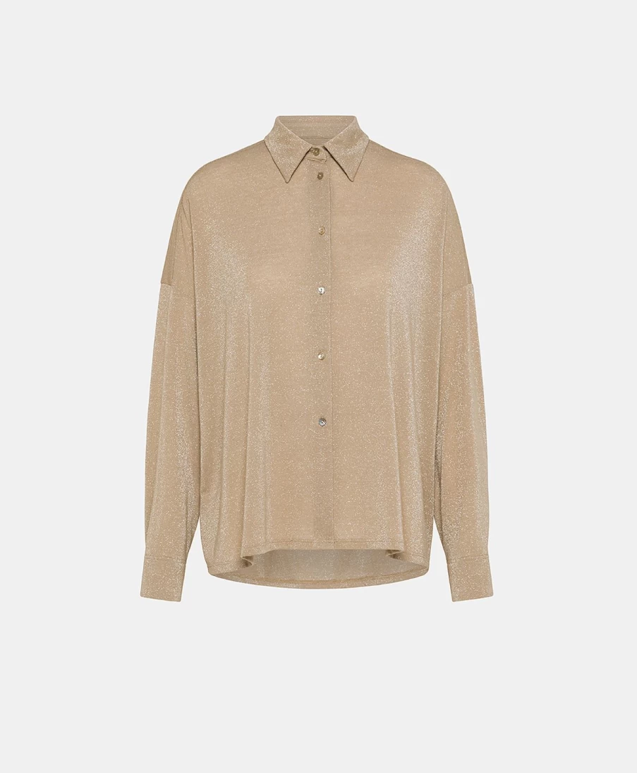 Momoni Women's Beige Lurex Jersey Lucciola Shirt - Elegant & Shimmery Top