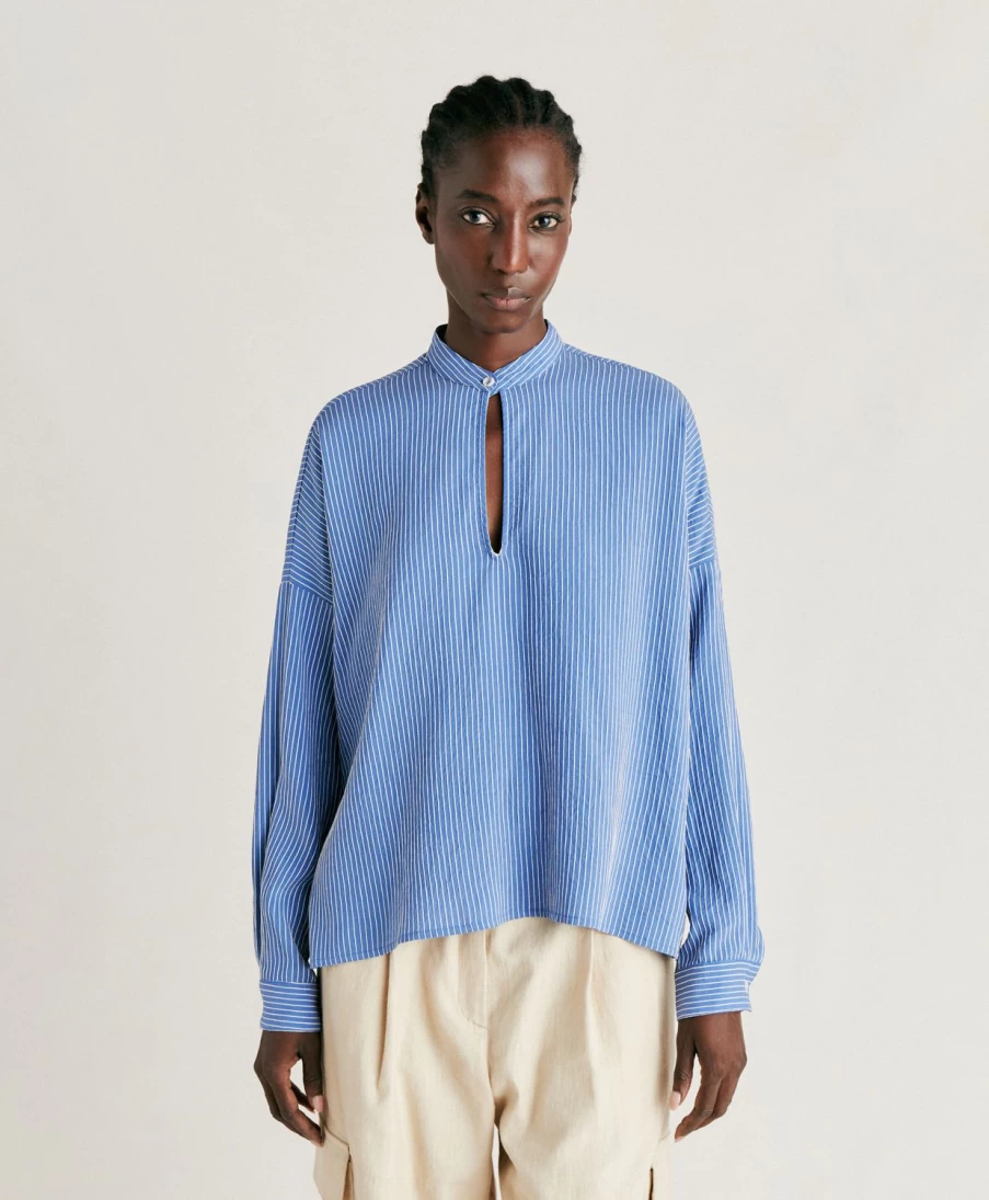 Momoni Women's Zoe Blouse - Light Blue & Cream Striped Viscose Silk Top