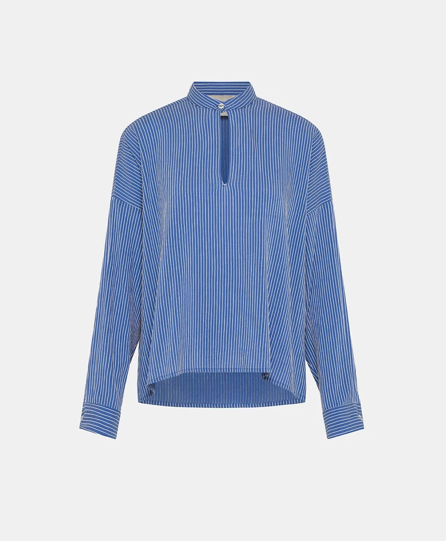 Momoni Women's Zoe Blouse - Light Blue & Cream Striped Viscose Silk Top