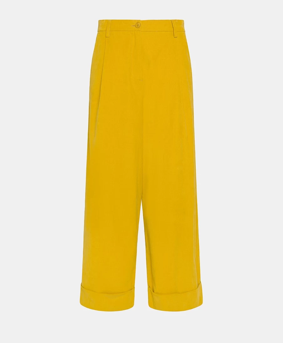 Momoni Women's Grecale Bis Stretch Corduroy Pants in Yellow | High-Waisted Comfort Trousers