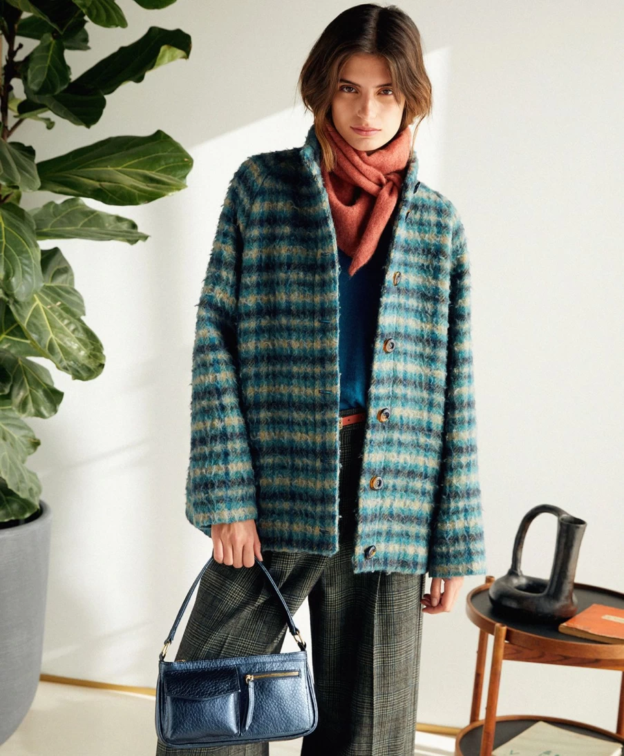 Momoni Women's Norvegia Checked Casentino Wool Coat in Petrol Blue