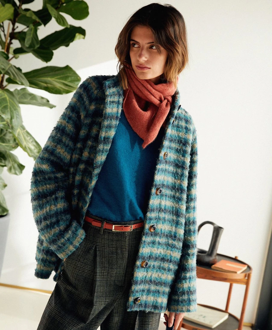 Momoni Women's Norvegia Checked Casentino Wool Coat in Petrol Blue