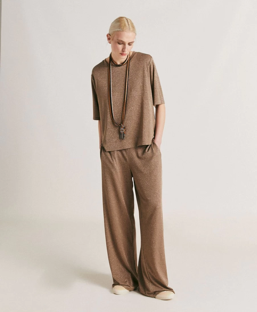 Momoni Women's Lurex Jersey Tshirt - Iora Style in Mud Color