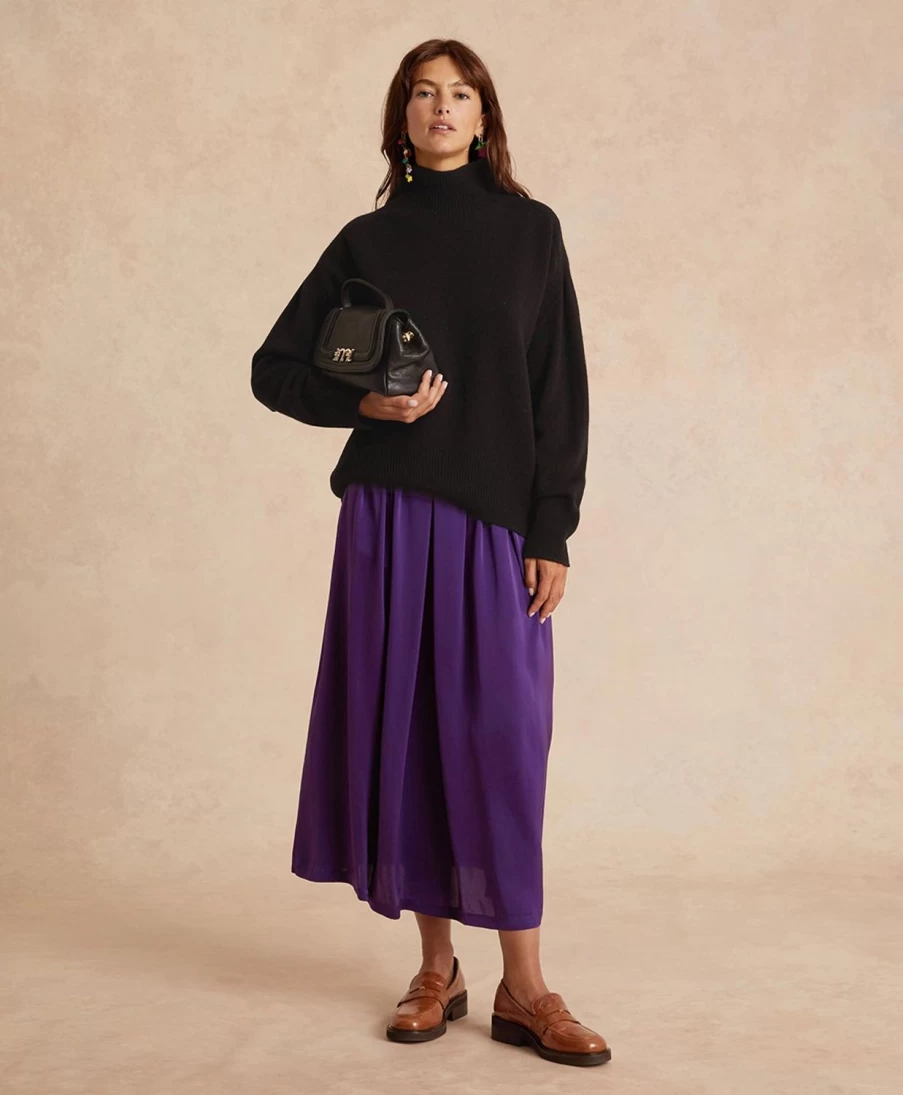 Momoni Women's Violet Satin Crepe Nicolas Skirt - Solid Color Elegant Midi Skirt