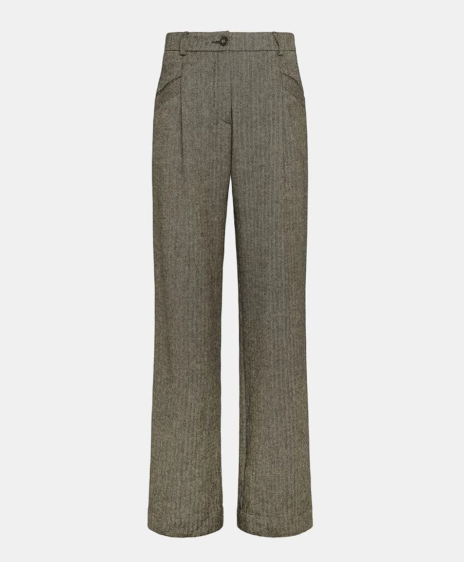 Momoni Women's Nocciolo Herringbone Linen Blend Pant in Black