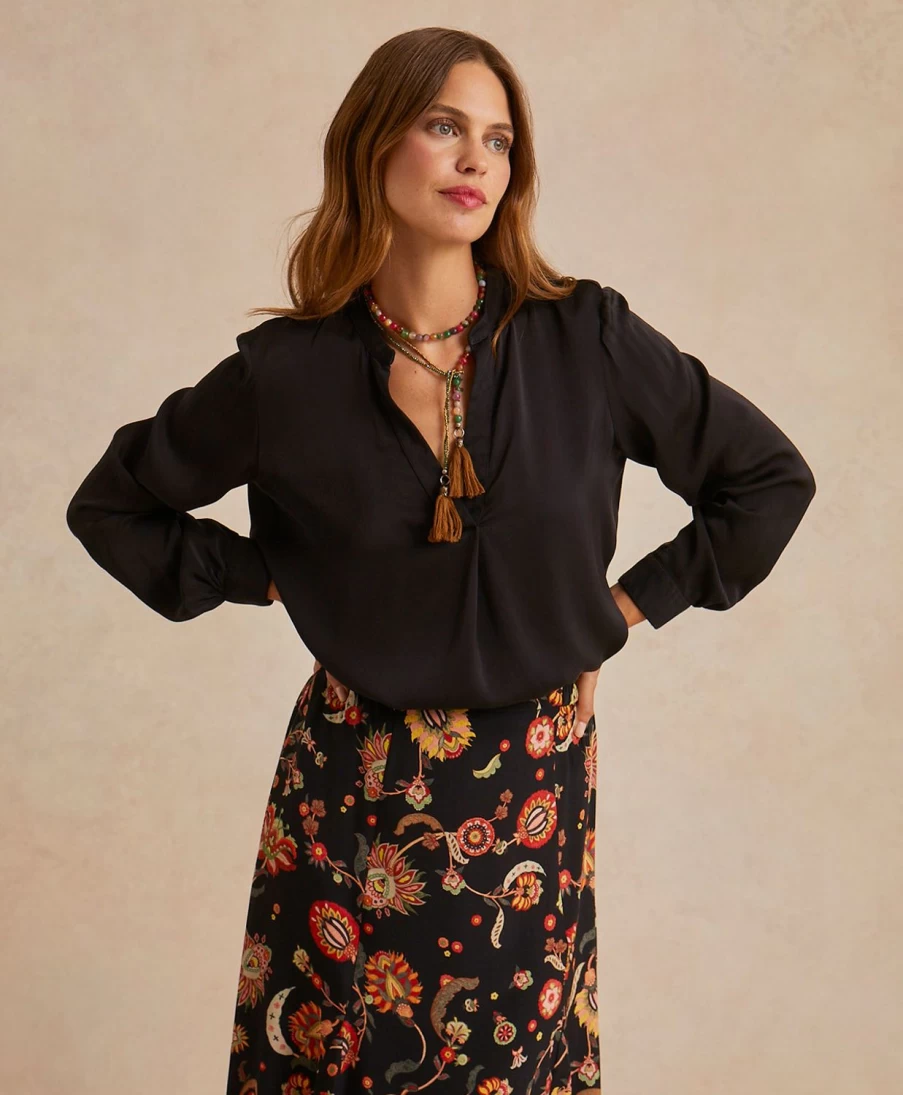 Momoni Women's Angelica Bis Blouse - Solid Black Satin Crepe Top for Elegant Style
