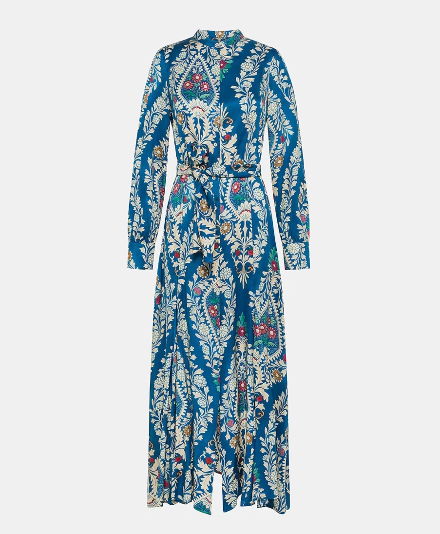 Momoni Women's Blue Printed Viscose Twill Dress - Multicolor Floral Summer Dress