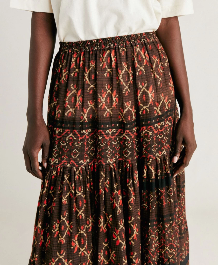 Momoni Women's Yasmine Gauze Skirt in Chocolate and Red - Flowy Boho Style