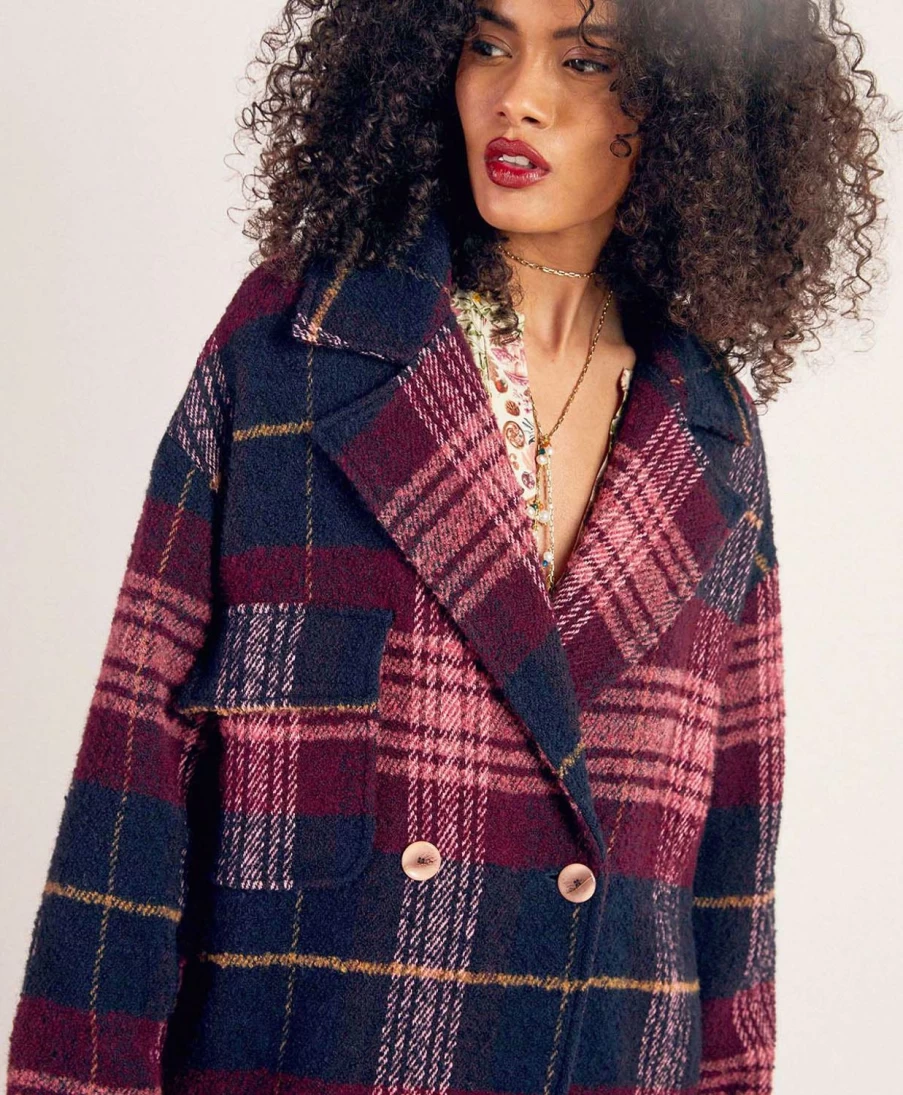 Momoni Women's Fontainebleau Burgundy Check Boucle Wool Coat