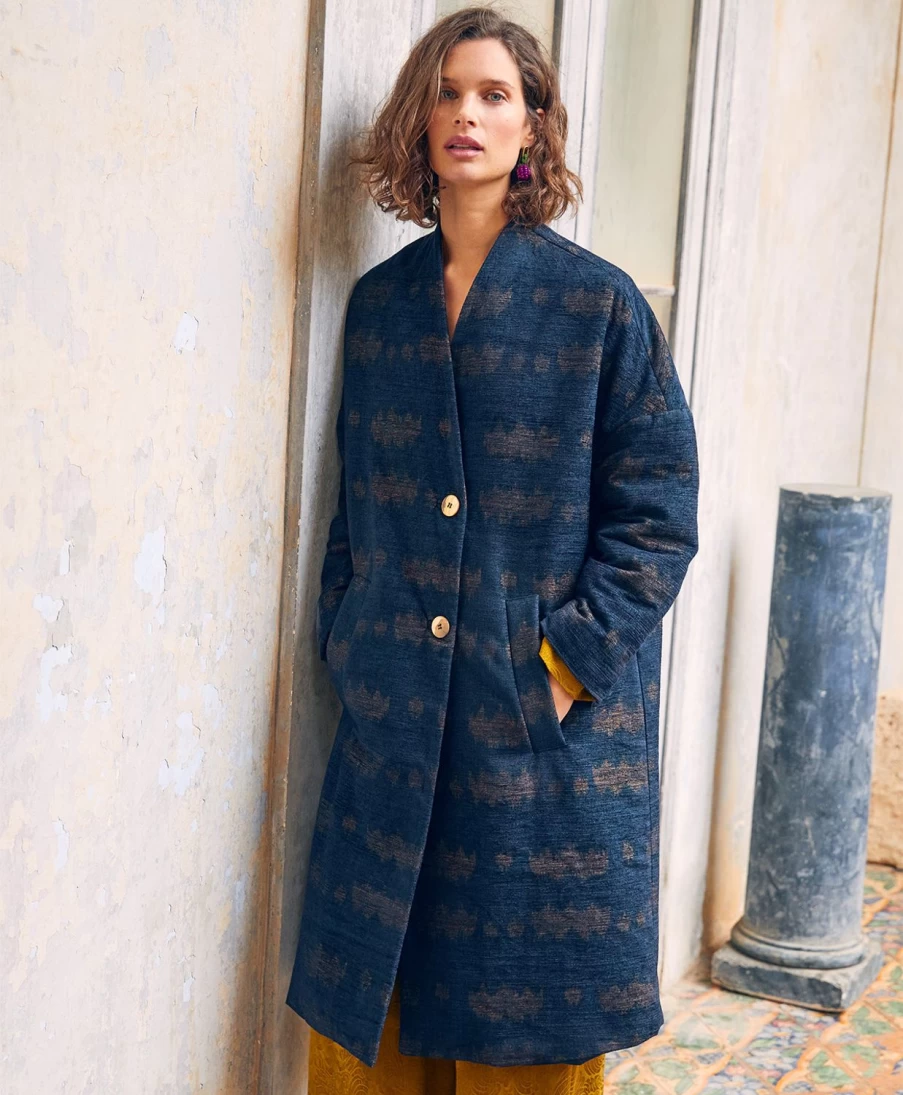 Momoni Women's Night Blue Printed Chenille Wool Blend Coat - Michel Style