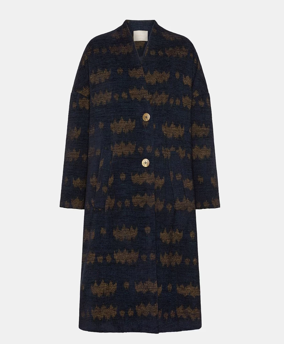Momoni Women's Night Blue Printed Chenille Wool Blend Coat - Michel Style