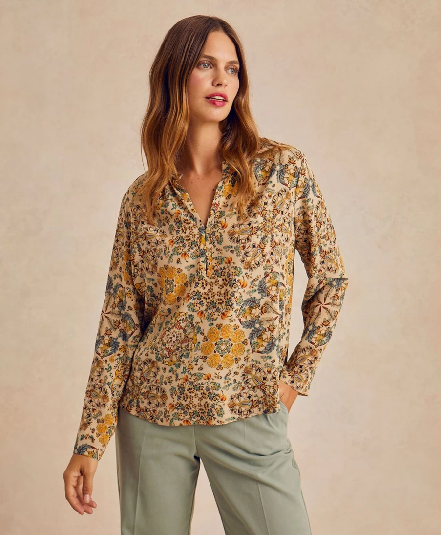 Momoni Women's Hector Blouse - Multicolor Beige Printed Crepe de Chine Top