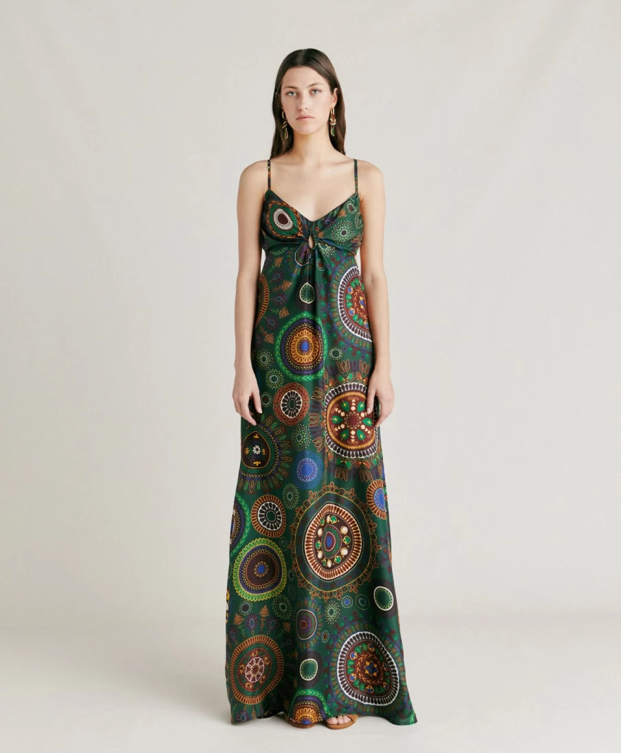 Momoni Women's Jolie Silk Dress - Dark Green Multicolour Habotai Elegance