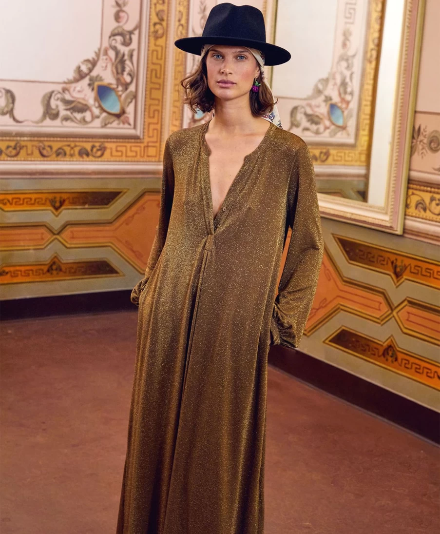 Momoni Women's Amede Lurex Jersey Dress in Cigar Brown - Elegant Glamorous Style
