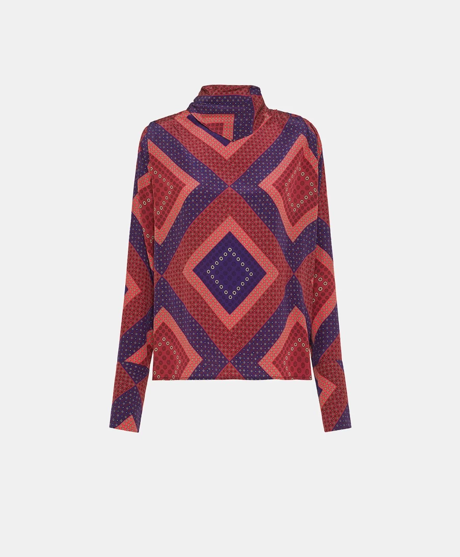 Momoni Women's Jeremy Blouse - Red and Purple Printed Crepe de Chine Top