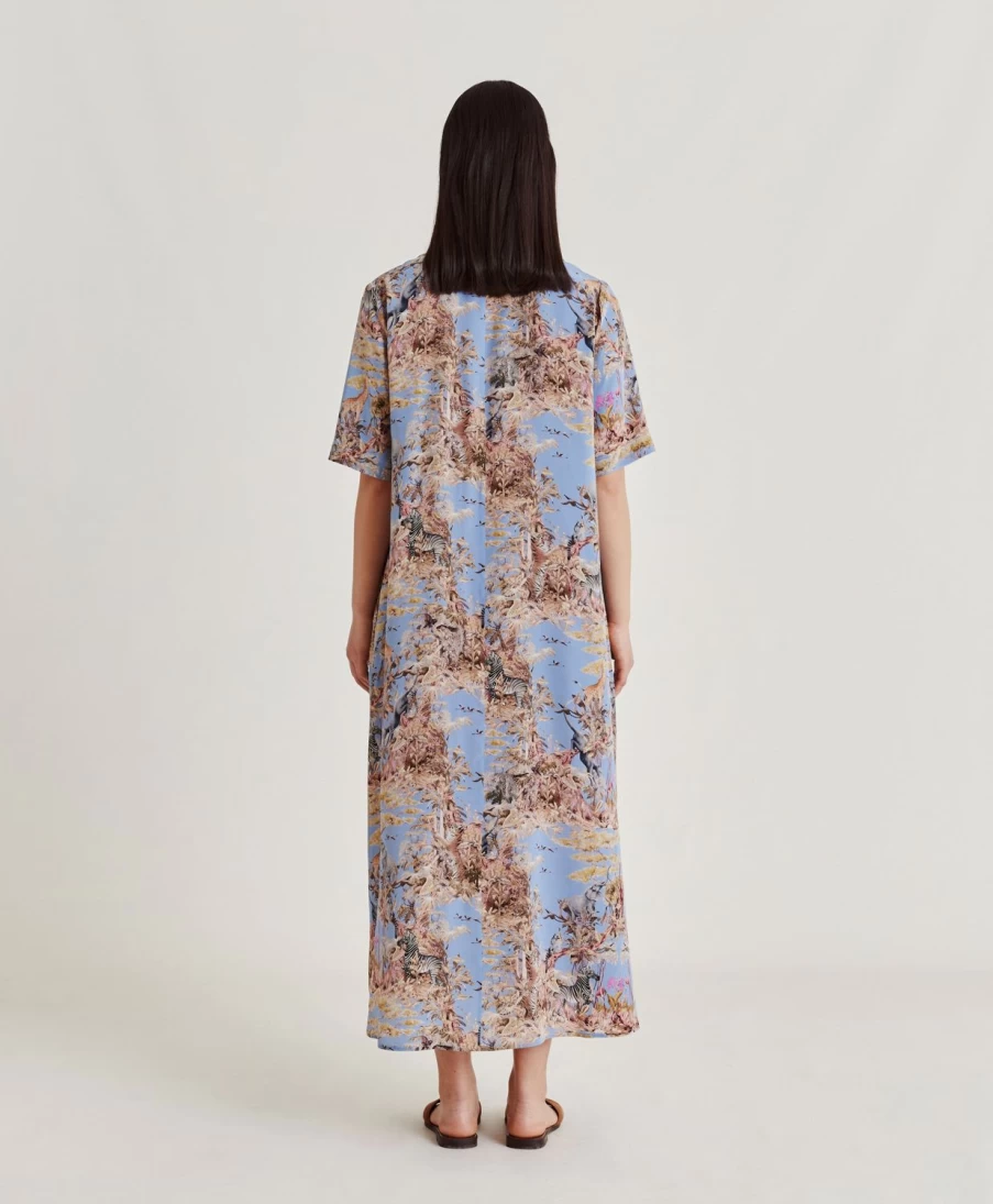 Momoni Women's Cerulean Blue Multicolour Penelope Dress in Crepe de Chine